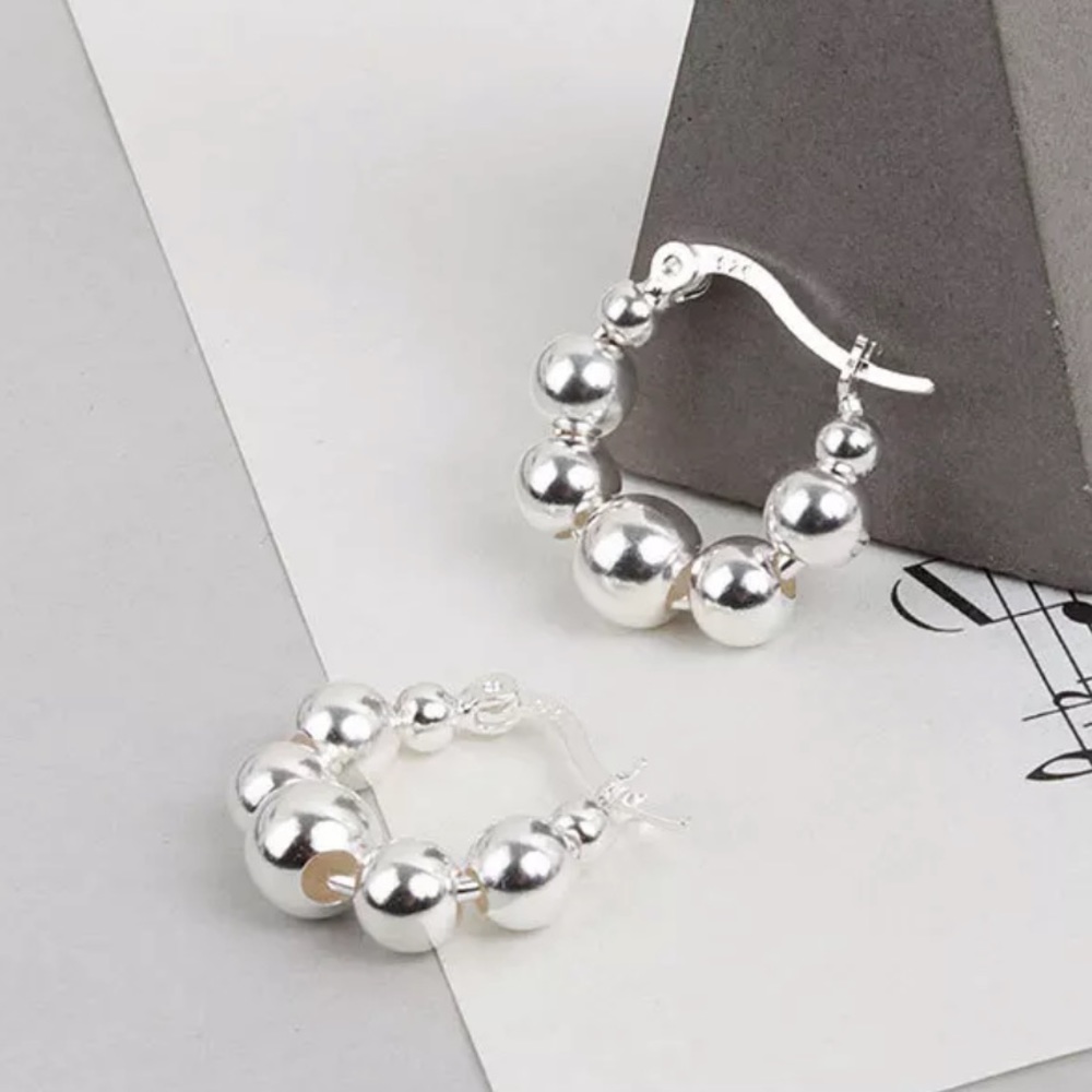 NEW 925 STERLING SILVER ROUND BEADS HOOP EARRINGS, NICE EARRINGS, CUTE EARRINGS
